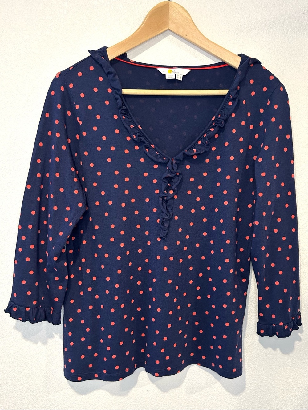 BODEN Polka Dot Ruffle Trim Top Preppy British Style 3/4 Sleeve Knit Size 8